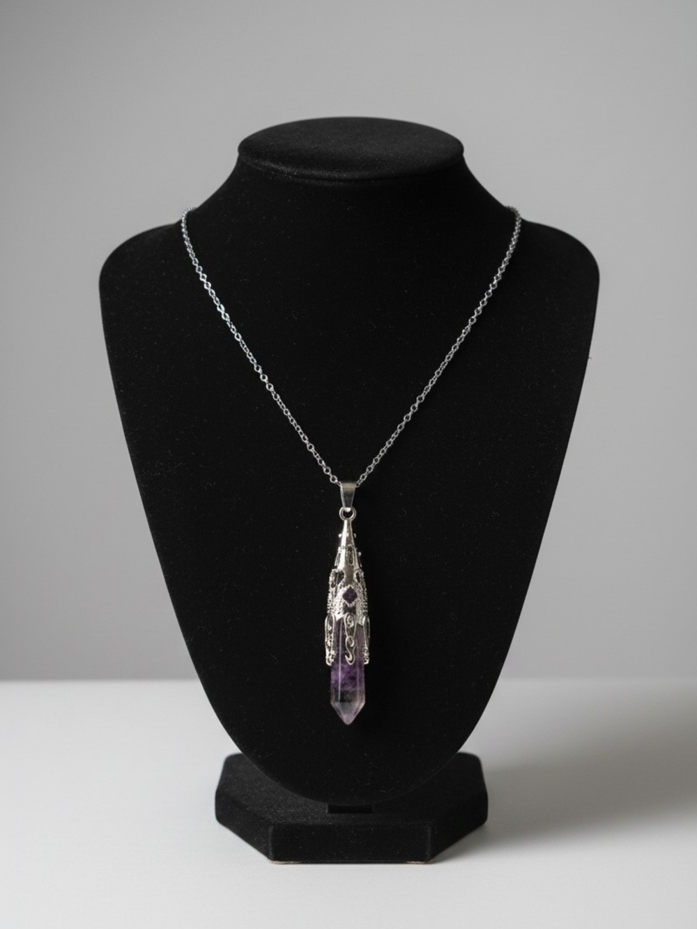 Silver-Tone Amethyst Point Pendant Necklace - Purple Crystal Accent
